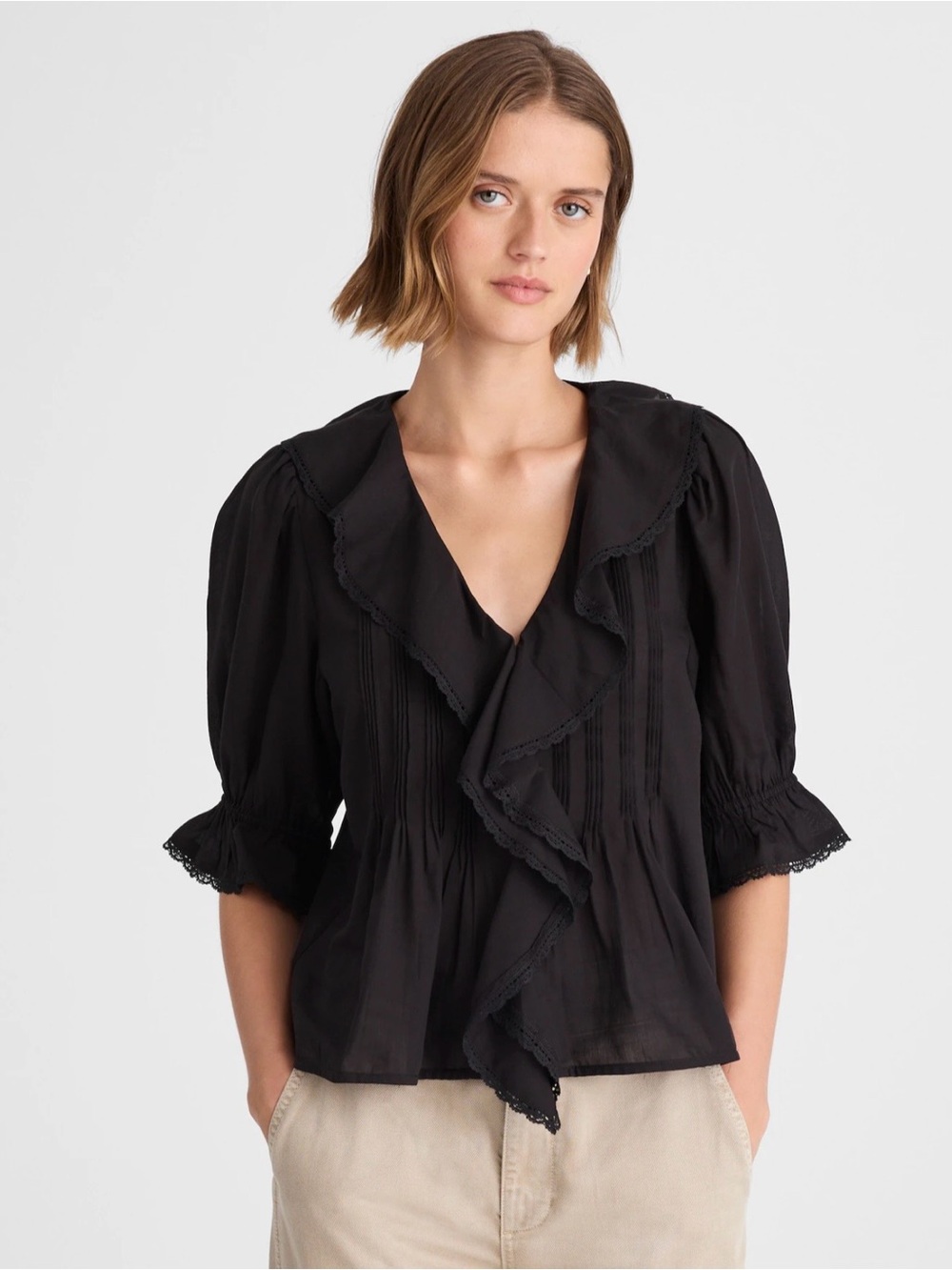 Madewell Pintucked Ruffled Puff-Sleeve Lace Trim Blair Top